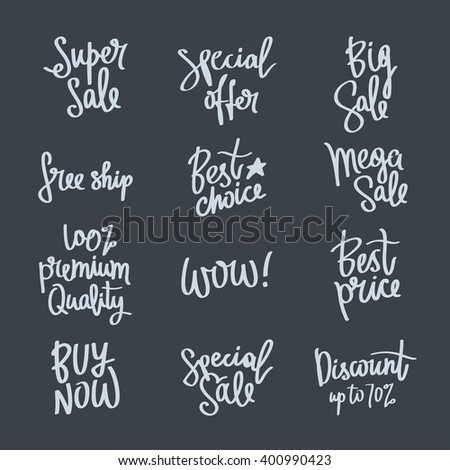 Set of calligraphy on the theme of sale. Best price, 100% premium quality, best choice, buy now, special offer, mega sale, big sale, free ship. Vector illustration on dark background. Fashion quotes.