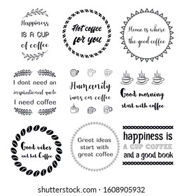 Set of Calligraphy Quotes Sayings for print about coffee. Printable design for cups