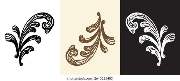 Set of calligraphy swirls, ornate motifs and scrolls ornaments. Vintage damask filigree wedding scroll floral ornaments. Engraving retro pattern. Vector illustration. For decoration, cards, invitation
