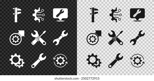 Ajuste la pinza o pinza y la escala, el algoritmo, la Locación con la llave inglesa, el engranaje, la llave inglesa, las flechas como flujo de trabajo, el proceso y el icono del destornillador. Vector