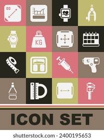 Set Calliper or caliper and scale, Digital thermometer, Calendar, Smart watch, Weight, Wrist, Diagonal measuring and Area measurement icon. Vector