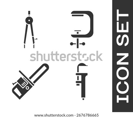 Set Calliper or caliper and scale, Drawing compass, Chainsaw and Clamp and screw tool icon. Vector