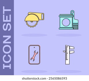 Set Calliper or caliper and scale, Electric circular saw, Mobile service and Paint bucket brush icon. Vector
