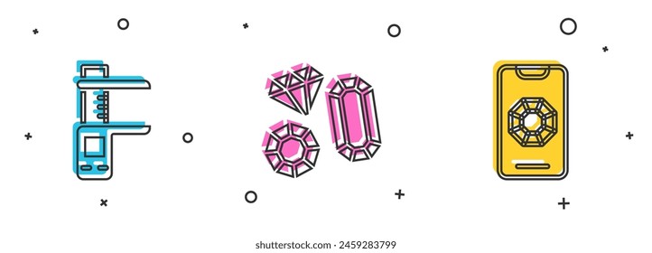 Set Pinza o pinza y escala, piedra preciosa y joyería icono de compras en línea. Vector
