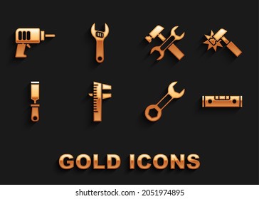 Ajuste la pinza de freno o la pinza de freno y la escala, el martillo, el nivel de burbuja de la construcción, el spanner de la llave, el archivo de metal Rasp, la llave, la máquina de perforación eléctrica y el icono ajustable. Vector