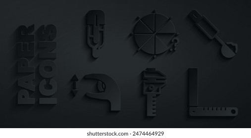 Ajuste la pinza o pinza y escala, Cuchara de medición, Medidas aproximadas, Regla de esquina, Círculo de piezas e ícono de termómetro médico. Vector