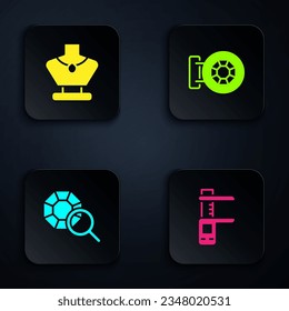 Set Calliper or caliper and scale, Necklace on mannequin, Gem stone and Jewelry store. Black square button. Vector