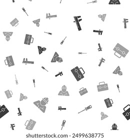 Set Calliper or caliper and scale, Screwdriver, Toolbox and Builder on seamless pattern. Vector