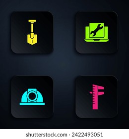Set Calliper or caliper and scale, Shovel, Worker safety helmet and Laptop service. Black square button. Vector