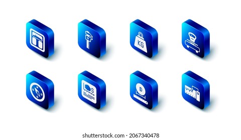 Coloque el icono de la pinza de freno o la pinza de freno y la escala, el peso, las escalas, el instrumento de medida, el diámetro, la medición de área, la brújula y las escalas del baño. Vector