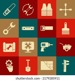 Set Calliper or caliper and scale, Wheelbarrow, Paint brush, Safety vest, Construction bubble level, Wrench spanner, Chainsaw and Hand icon. Vector