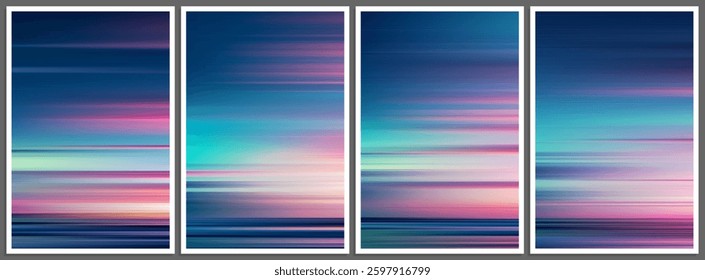 Set of calm ocean sunset posters with mystical aurora hues blending into a dreamy horizon. Futuristic glow inspired by northern lights and cosmic energy of Arctic sky for banner, flyer, cover. Vector