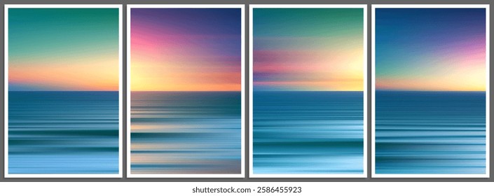 Set of calm ocean sunset summer gradient posters in minimal style with blurred waves and sky. Beautiful ocean beach horizon and peaceful ambiance for contemporary decor, banner, flyer, cover. Vector