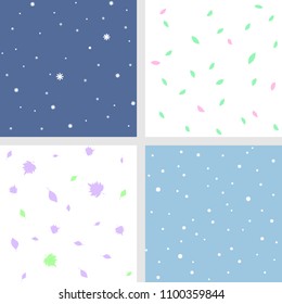 Set of calm seamless patterns in pastel colors. Snowfall and falling leaves. Great for prints, textiles, covers, gift, wrappers, backdrops.