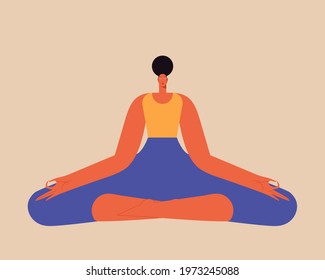 Set of calm women in yoga lotus position. Practice meditation. Zen and harmony concept. Colored flat vector illustration isolated on white background.