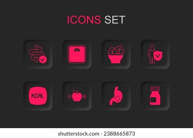 Set Calorie calculator, Bathroom scales, Intestines, Human stomach health, Healthy lifestyle, Vitamins, Salad bowl and Kcal icon. Vector