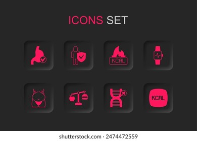 Set Calorie calculator, Healthy lifestyle, Human stomach health, No GMO, Smart watch with heart, Kcal,  and Obesity icon. Vector