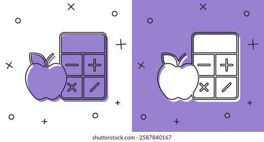 Set Calorie calculator icon isolated on isolated on white and purple background. Calorie count. Diet. Weight loss. Portion control. Healthy eating. Dietary nutrition.  Vector