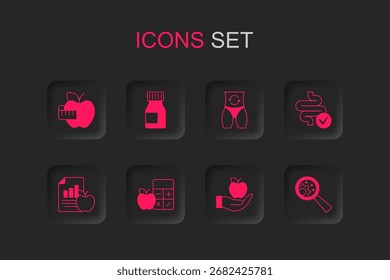 Conjunto de calculadora de calorías, vitaminas, manzana y cinta métrica, intestinos, OGM, metabolismo y plan de dieta icono. Vector