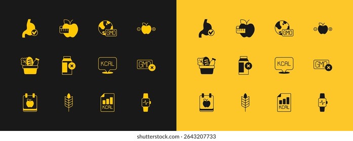 Set Calorie calculator, Wheat, Kcal, Diet plan, Lactose intolerance, GMO, Human stomach health and Apple and measuring tape icon. Vector