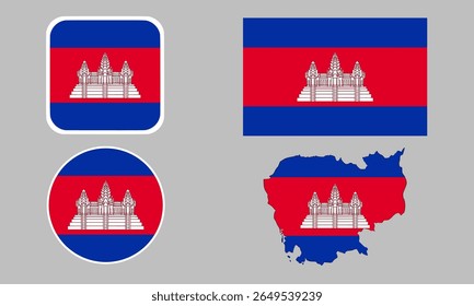A set of Cambodia flag icons. A set of flags in square, rectangular, round and map shapes. Flag icons.