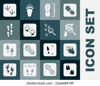 Set Camel paw footprint, Alligator crocodile, Magnifying glass with footsteps, Square measure size, Fox, Human footprints shoes, Dove and Bird icon. Vector