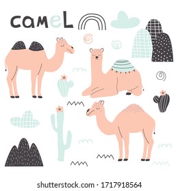 Set with camels and decorative elements to create seamless patterns on a white background. Vector illustration, with an exotic animal, for printing on t-shirt, postcard, fabric, wrapping paper