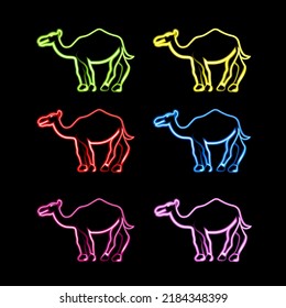 Set of camels of different colors with neon effect.