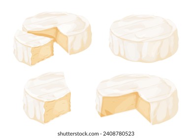 Set Camembert cheese, brie french soft creamy food in cartoon style isolated on white background. 