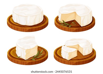 Conjunto de queso Camembert, brie comida francesa suave cremosa en bandeja de madera con romero en estilo de dibujos animados aislado sobre fondo blanco. 