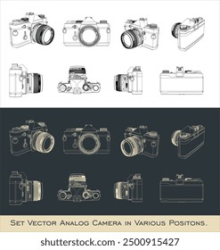 Set camera analog retro classic. Vector line drawing from all view top corner side back isolated in transparent background