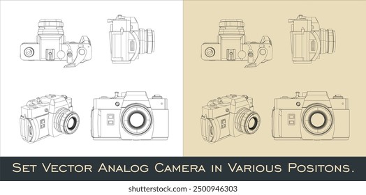 Set camera analog retro classic. Vector line drawing from all view top corner side back
