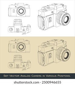 Set camera analog retro classic. Vector line drawing blueprint wireframe