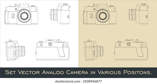 Set camera analog retro classic Vector line drawing. all view top corner side back isolated in transparent background
