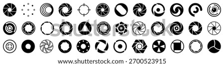 Set of camera aperture icons in monochrome style. Different shutter and lens shapes symbolize focus, photography, and precision