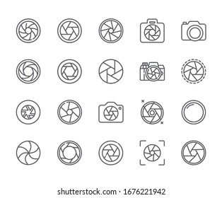Juego de iconos de línea de vectores relacionados con la apertura de la cámara. Incluye iconos como cámara, enfoque, lente y mucho más. - vector