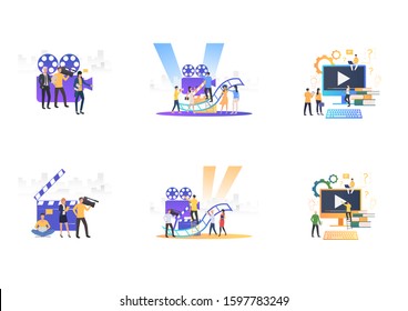 Set of camera crew making TV show. Flat vector illustrations of people filming. Mass media concept for banner, website design or landing web page