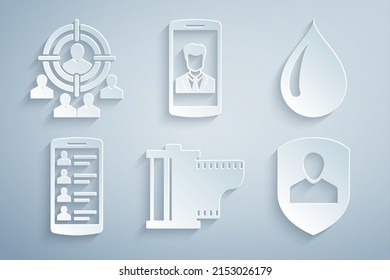 Set Camera film roll cartridge, Water drop, Smartphone with contacts, User protection,  and Marketing target strategy icon. Vector