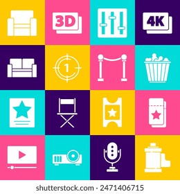 Set Camera film roll cartridge, Cinema ticket, Popcorn box, Sound mixer controller, Old movie countdown frame, chair,  and Rope barrier icon. Vector