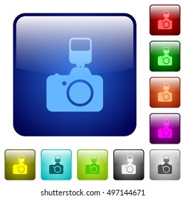 Set of camera with flash color glass rounded square buttons