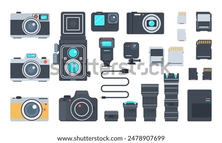 set of Camera flat icon illustration, Different types of cameras set vector illustration. Collection of retro and modern digital camcorder flat style concept