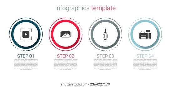 Set Camera focus frame line, Photo, Dust blower and Cinema camera. Business infographic template. Vector