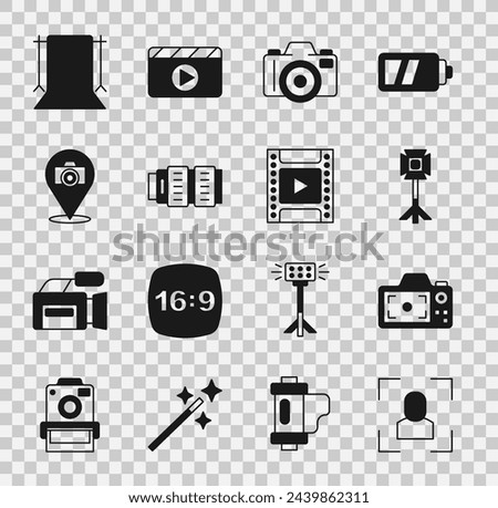 Set Camera focus frame line, Photo camera, Studio light bulb softbox, photo lens, Empty studio and film roll cartridge icon. Vector