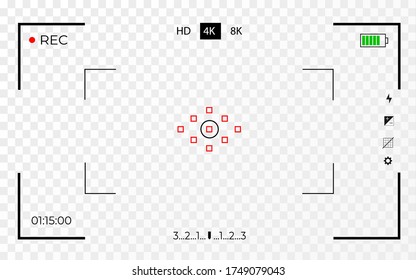 Set Camera frame viewfinder screen of video recorder digital display. Transparent background. Vector illustration EPS10