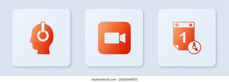 Set Camera, Freelancer and Time management. White square button. Vector