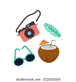 Conjunto de cámaras, vasos, coco y rama de palmera. Imagen aislada de vectores para su uso en el diseño web