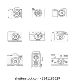 Set of camera in hand drawn design for photography template in black and white