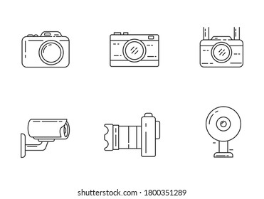 Juego de iconos de cámara en el estilo de línea. Ilustración vectorial de concepto de cámara aislada en fondo blanco 