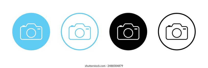 Conjunto de icono de cámara. Cámara de fotos en estilo plano. Icono de la cámara, símbolo de la cámara de fotos, icono de instantánea en relleno, línea fina, contorno y trazo. Ilustración vectorial.