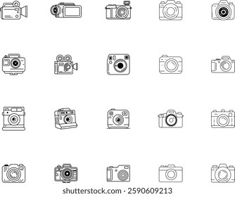 Set of camera icons. Customizable Stroke. Simple Linear Pictograms for Designing Cards, Apps, Banners, and Posts.